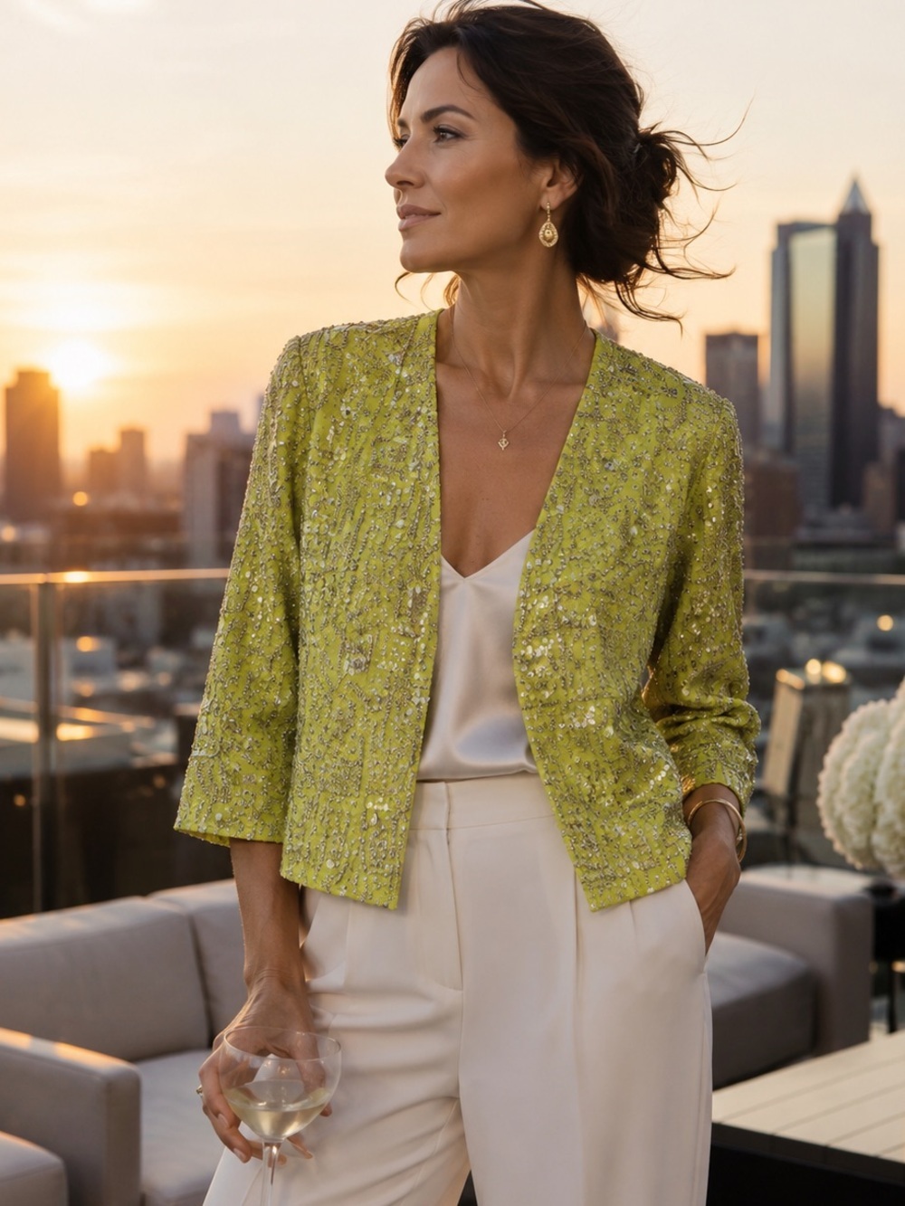 Chico's Lime Silk Beaded Open-Front Jacket Size 1 Cropped Evening Boho Glam